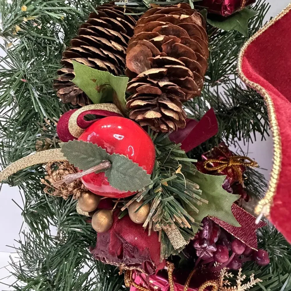 Christmas Wreath Burgundy Velvet Bow Pinecones Apples Berries Holiday Decor